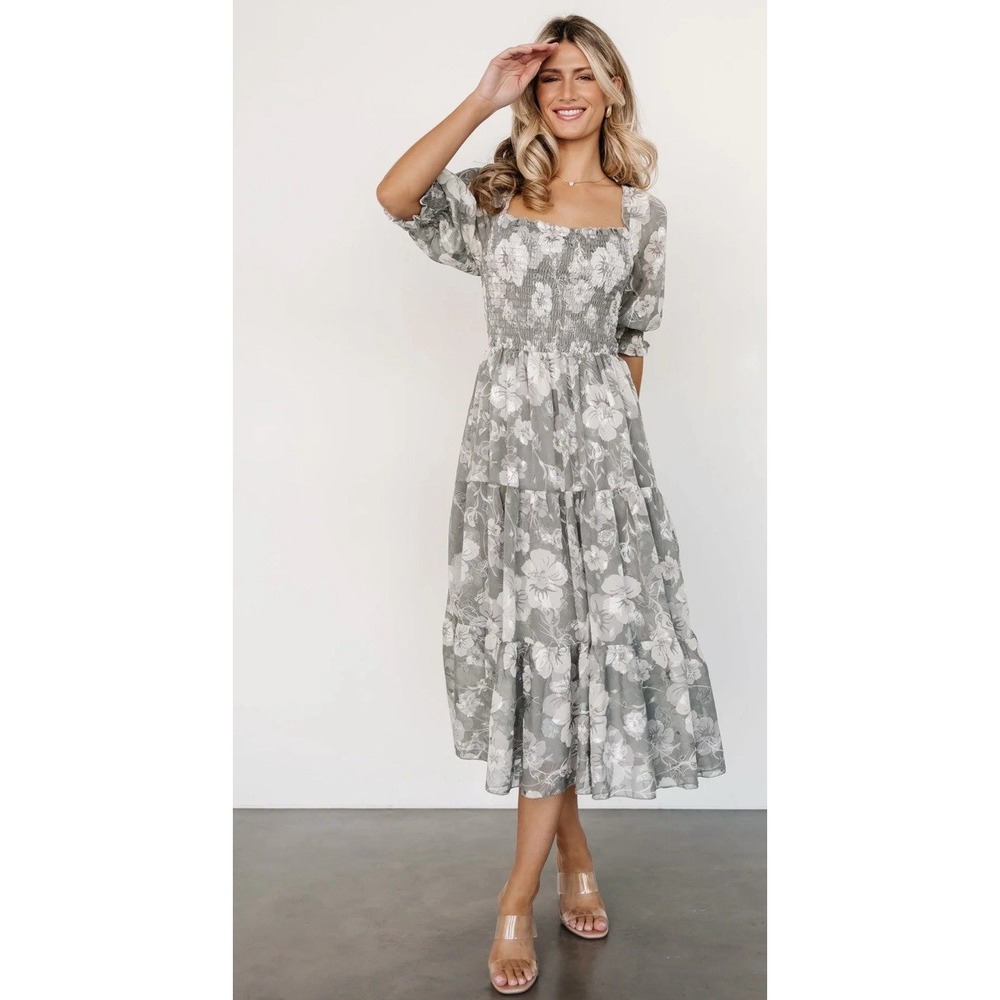 Baltic Born Fabian Jacquard Midi Sage Floral Tiered Ruffle Dress Size Large
